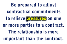 Be prepared to adjust contractual commitments to relieve pressures on one or more parties to a contract. The relationship is more important than the contract.